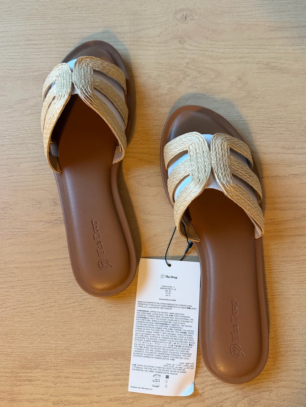 The Drop Women's Brown Slide Sandals with Woven Cream Straps Size 11